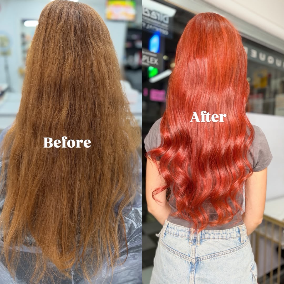 Antes y después de un cambio de color a cobrizo intenso — peluquería Jenniffer Cori en Barcelona